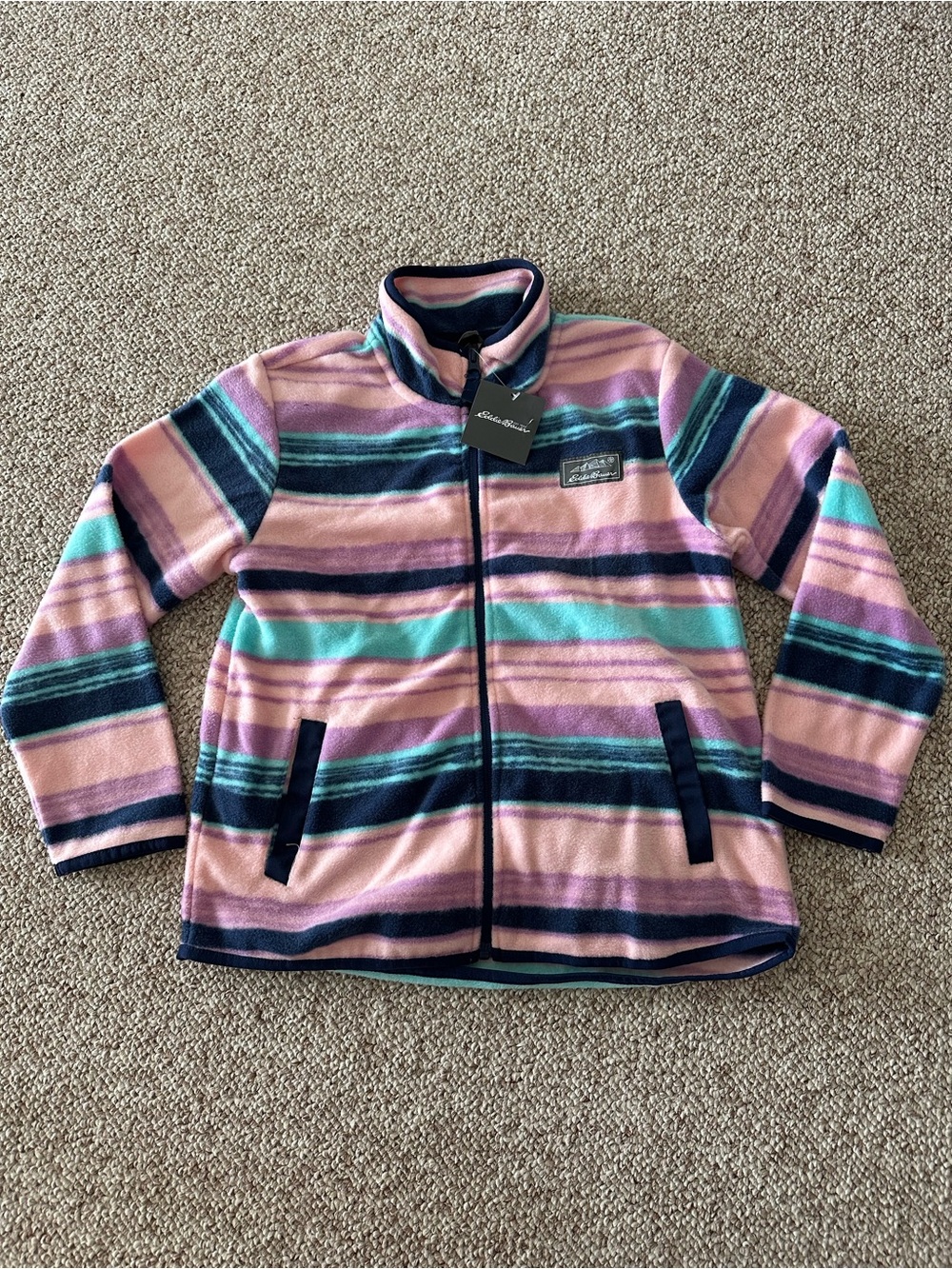 NWT Eddie Bauer Girls Pink, Teal & Navy Striped Quest Fleece Jacket